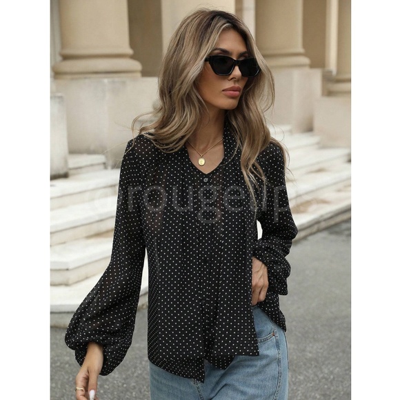 Black Polka Dot Tie Neck Loose Fitting Button Down Shirt Blouse - Picture 6 of 7